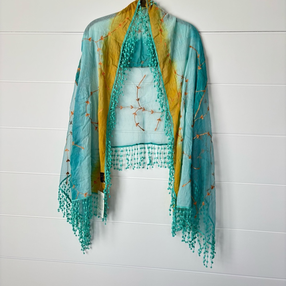 Rising Tide Rayon Teal and Gold Handcrafted Artisan Scarf Wrap with Tassels